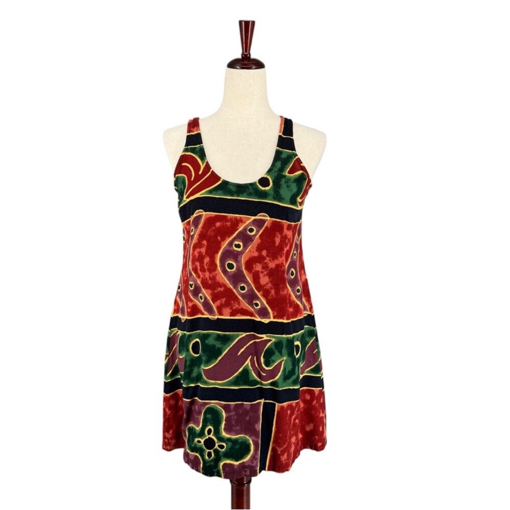 Vintage Red & Green Patterned Tank Dress. Boho | Aztec | Beach